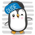 Penguin with a blue cap on striped background