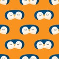 Penguin blue color chaotic seamless pattern on orange background. Children graphic design element for different purposes