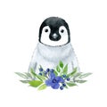 Penguin with blue flowers