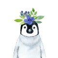 Penguin with blue flowers wreath