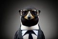 Penguin business portrait dressed as a manager or ceo in a formal office business suit with glasses and tie. Ai generated