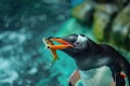 A penguin is carrying a vibrant fish in its mouth, A penguin with a colorful fish in its beak Royalty Free Stock Photo