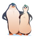 Penguin cartoon. An adult confident strong man and Beauty bird girl. Cheerful funny person. Koik style. Isolated on Royalty Free Stock Photo