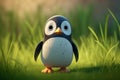 Penguin cartoon character on green grass. Generate Ai