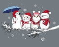 Penguin, cat, owl and snowman under the snow in New Year`s costumes