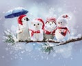 Penguin, cat, owl and snowman under the snow