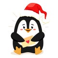 A cute and cheerful little penguin in a red Santa hat with an envelope is waiting for Christmas. Vector illustration in cartoon st