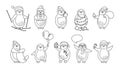 Penguin Christmas cartoon line New year set vector