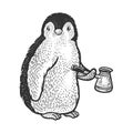 Penguin with coffee cezve sketch vector