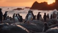 Penguin colony standing on rocky coastline, exploring tranquil African landscape generated by AI