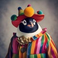 A penguin in a colorful clown outfit, ready to entertain at the circus1