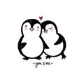 Penguin couple love illustration. Doodle cute animals. Vector characters.