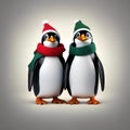 A penguin couple in matching Christmas scarves, sharing a fishy holiday dinner3