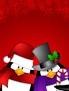 Penguin Couple on Red Snowflakes Background