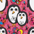 Penguin cute flower drawing seamless pattern