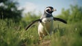 Hyper-realistic Animation: Exuberant Penguin Walking Through Green Grass Field