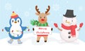 Penguin, deer and snowman on a snowy background
