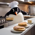 A penguin dressed as a chef, expertly flipping pancakes in a tiny kitchen2