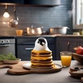 A penguin dressed as a chef, expertly flipping pancakes in a tiny kitchen3
