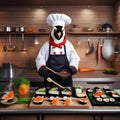 A penguin dressed as a chef, skillfully preparing sushi rolls in a tiny kitchen2