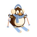 Penguin in Earmuffs and Scarf on Skis with Sticks