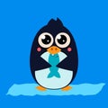 Penguin Eating Fish on Ice. Vector Illustartion Royalty Free Stock Photo