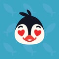 Penguin emotional head. Vector illustration of cute arctic bird shows amorous emotion. In love emoji. Smiley icon. Print