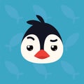 Penguin emotional head. Vector illustration of cute arctic bird shows distrust emotion. Doubt emoji. Smiley icon. Print