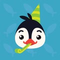 Penguin emotional head. Vector illustration of cute arctic bird shows greeting emotion. Celebrating emoji. Smiley icon