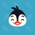 Penguin emotional head. Vector illustration of cute arctic bird shows happy emotion. Laugh emoji. Smiley icon