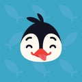 Penguin emotional head. Vector illustration of cute arctic bird shows playful emotion. Tongue emoji. Smiley icon. Print