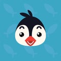 Penguin emotional head. Vector illustration of cute arctic bird shows surprised emotion. Shocked emoji. Smiley icon