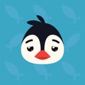 Penguin emotional head. Vector illustration of cute arctic bird shows tired emotion. Depressed emoji. Smiley icon. Print Royalty Free Stock Photo