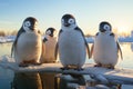 Penguin family on Antarctic coast or islands, wildlife animals, environment and ecosystem, bird in ice and snow