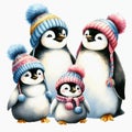 Penguin family in knitted hats and scarves, Winter penguins, Christmas penguins Royalty Free Stock Photo