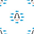 Penguin with fish seamless pattern background. Cute Christmas cartoon doodle vector illustration with fishes