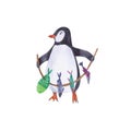 Penguin and fish watercolor illustration isolated on white background. Northern sea element.