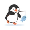 Penguin fisherman caught fish vector