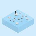 Penguin on a floating glacier text word ICE MELT. Global warming and ice melting concept of sea level rise