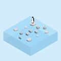 Penguin on floating ice sheet and a text word ICEBERG. Global warming and ice melting concept of sea level rise