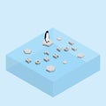 Penguin on floating ice sheet and a text word NORTH POLE. Global warming and ice melting concept of sea level rise, global flood