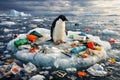 Penguin On Floating Ice Surrounded By Plastic Debris Highlighting Global Environmental Pollution Royalty Free Stock Photo