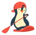 Penguin floating on SUP board. Paddle board