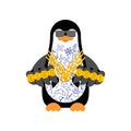 Penguin Gangsta mafia isolated. Angry seabird bully member of gang of street criminals. Tattoos and weapons, gold chain and gun