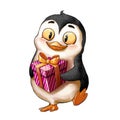 Penguin with Gift Box. Animal Character Design. Children Book Design