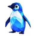 Penguin with glowing blue and white ice-themed designs, low poly on a white background. Royalty Free Stock Photo