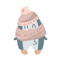 Penguin in a hat and scarf. Vector children`s illustration. Isolated on white. For printing, children`s decor