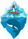 Penguin in hat surfing on whaleÃ¢â¬â¢s spout in the ocean. Iceberg background.