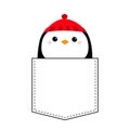 Penguin head face. Red hat. T-shirt pocket. Merry Christmas. Happy New Year. Cute cartoon kawaii baby character. Arctic animal.