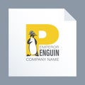 Penguin in a headdress of Napoleon on the background of the letter P and the inscription. Royalty Free Stock Photo